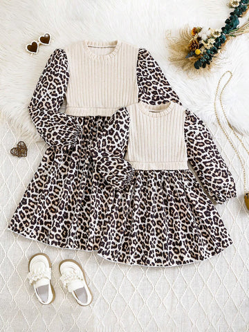 1pc Girls' Knitted Roundneck Leopard Print Long Sleeve Dress With Ribbed Hem, A-Line Hem, Elasticated Waist, Casual Everyday Wear, Autumn/Winter