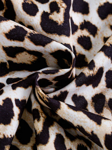 1pc Girls' Knitted Roundneck Leopard Print Long Sleeve Dress With Ribbed Hem, A-Line Hem, Elasticated Waist, Casual Everyday Wear, Autumn/Winter