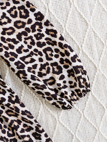 1pc Girls' Knitted Roundneck Leopard Print Long Sleeve Dress With Ribbed Hem, A-Line Hem, Elasticated Waist, Casual Everyday Wear, Autumn/Winter