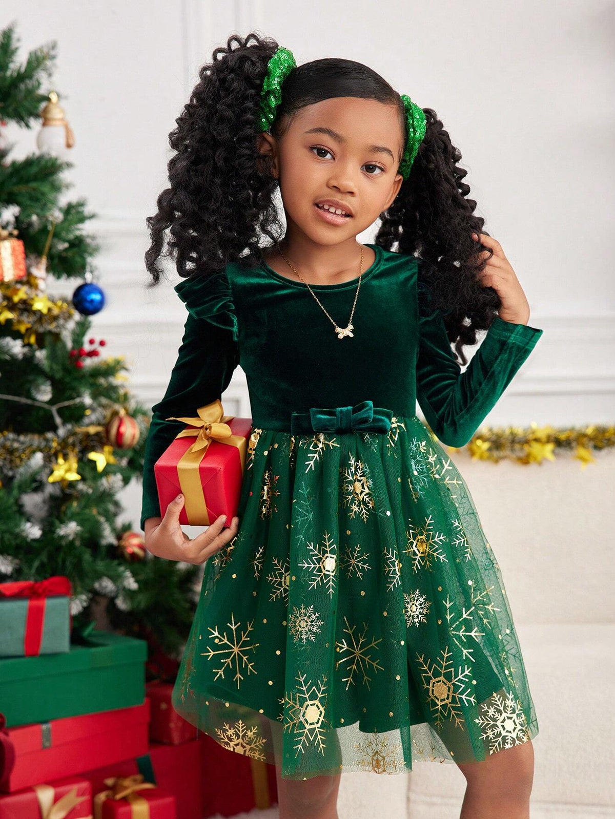 1pc Girls' Knitted Solid Color Fluffy Round Neck Patchwork Woven Net Mesh Combined Casual Dress