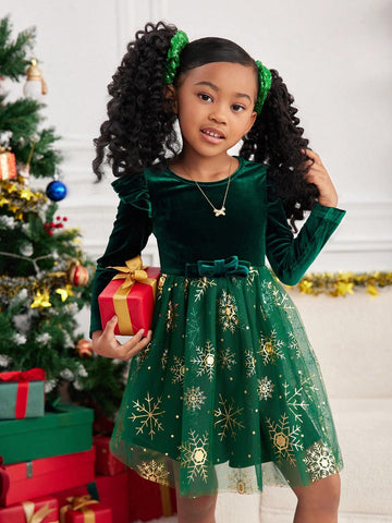 1pc Girls' Knitted Solid Color Fluffy Round Neck Patchwork Woven Net Mesh Combined Casual Dress