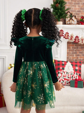 1pc Girls' Knitted Solid Color Fluffy Round Neck Patchwork Woven Net Mesh Combined Casual Dress