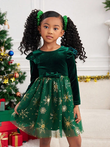 1pc Girls' Knitted Solid Color Fluffy Round Neck Patchwork Woven Net Mesh Combined Casual Dress