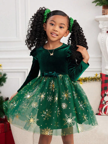 1pc Girls' Knitted Solid Color Fluffy Round Neck Patchwork Woven Net Mesh Combined Casual Dress