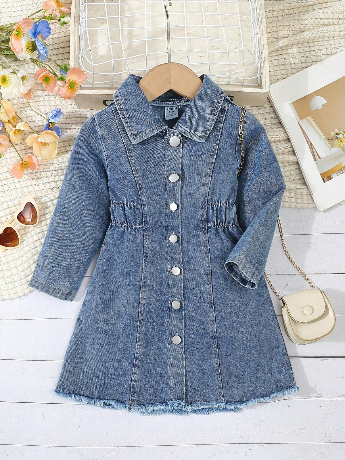 1pc Girls Toddler Denim Acid Wash Collared Button Down Cardigan, Casual For Spring & Autumn Wear, Suitable For Outings And Homewear.
