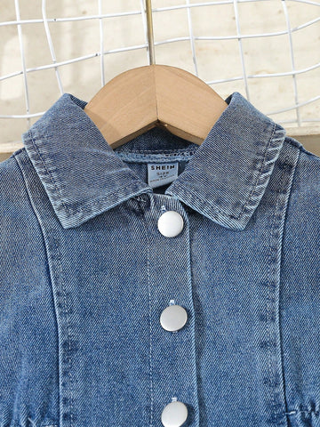 1pc Girls Toddler Denim Acid Wash Collared Button Down Cardigan, Casual For Spring & Autumn Wear, Suitable For Outings And Homewear.