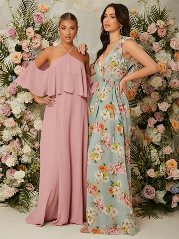 Halter Neck Ruffle Trim Dress