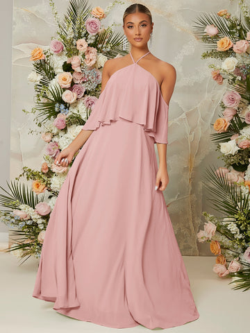 Halter Neck Ruffle Trim Dress