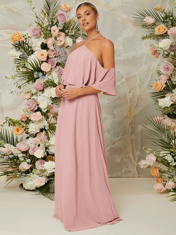 Halter Neck Ruffle Trim Dress