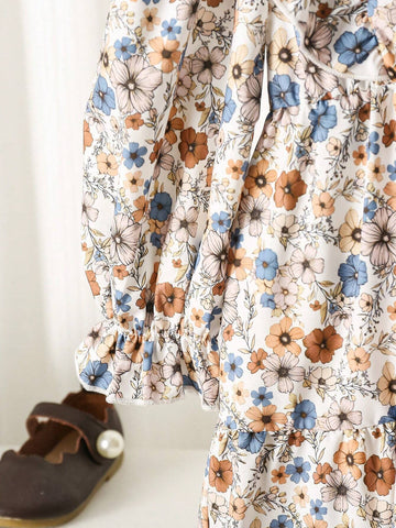 1pc Mother-Daughter Matching Casual All-Match Rural Floral Pattern Round Neck Long Sleeve Ruffle Hem Dress