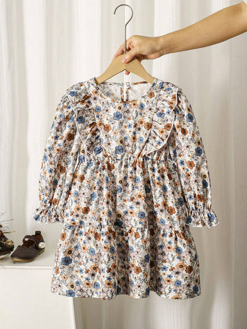 1pc Mother-Daughter Matching Casual All-Match Rural Floral Pattern Round Neck Long Sleeve Ruffle Hem Dress