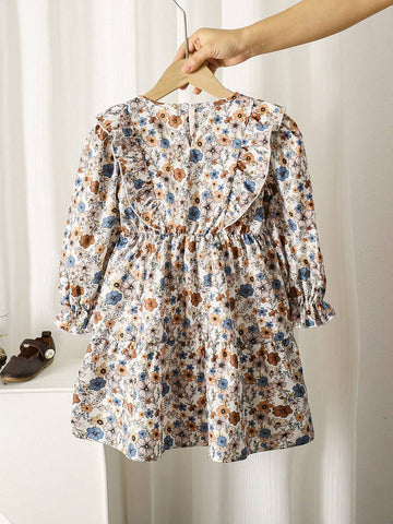 1pc Mother-Daughter Matching Casual All-Match Rural Floral Pattern Round Neck Long Sleeve Ruffle Hem Dress