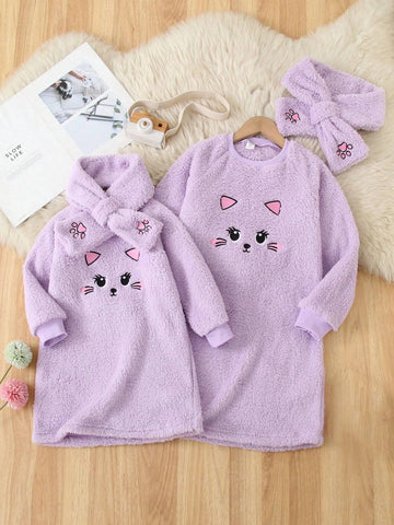1pc Purple Cat Embroidered Casual Dress For Little Girls, Soft Fleece Warm Outfit