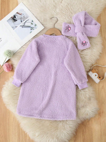 1pc Purple Cat Embroidered Casual Dress For Little Girls, Soft Fleece Warm Outfit