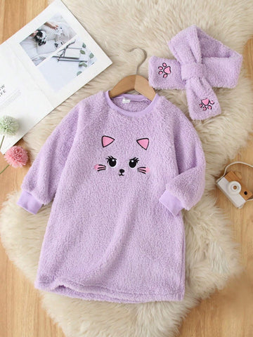 1pc Purple Cat Embroidered Casual Dress For Little Girls, Soft Fleece Warm Outfit