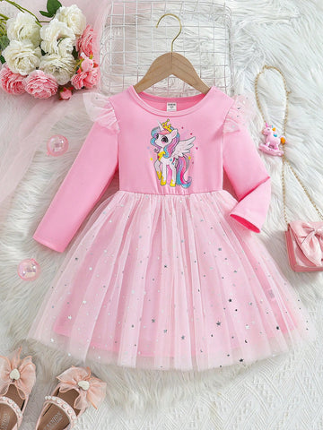 1pc Santa Dress For Girls, Elegant Red Knitted Fabric Christmas Reindeer & Bow Print, Mesh Patchwork Cap Sleeve Top And Dress