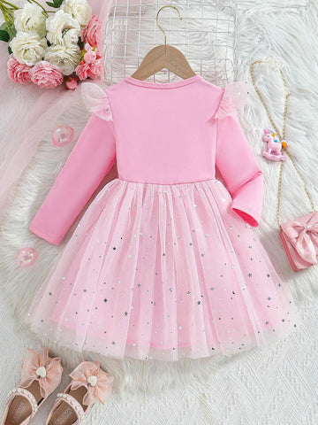 1pc Santa Dress For Girls, Elegant Red Knitted Fabric Christmas Reindeer & Bow Print, Mesh Patchwork Cap Sleeve Top And Dress