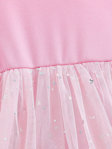 1pc Santa Dress For Girls, Elegant Red Knitted Fabric Christmas Reindeer & Bow Print, Mesh Patchwork Cap Sleeve Top And Dress