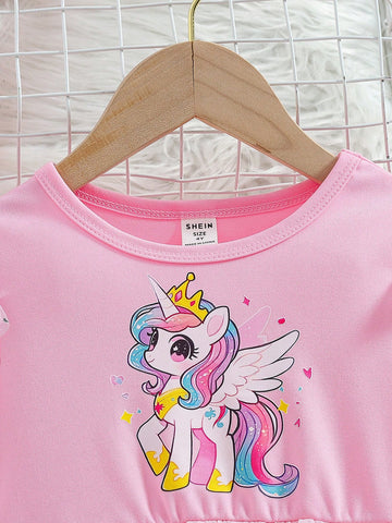 1pc Santa Dress For Girls, Elegant Red Knitted Fabric Christmas Reindeer & Bow Print, Mesh Patchwork Cap Sleeve Top And Dress