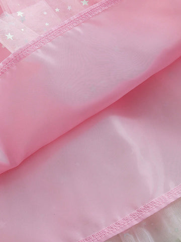 1pc Santa Dress For Girls, Elegant Red Knitted Fabric Christmas Reindeer & Bow Print, Mesh Patchwork Cap Sleeve Top And Dress