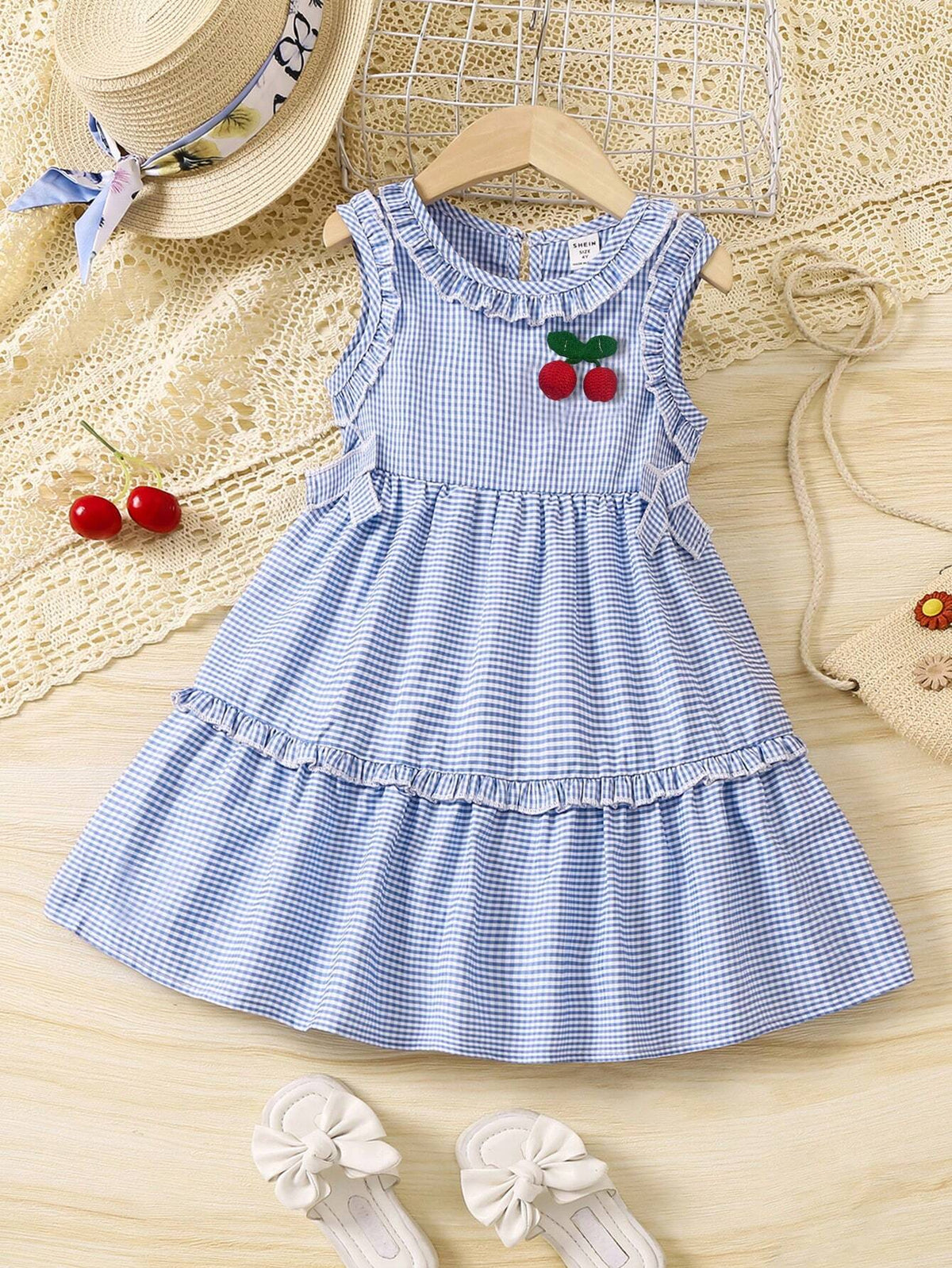 1pc Young Girl Casual Gingham Print Sleeveless Dress With Bowknot, Summer