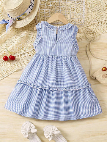 1pc Young Girl Casual Gingham Print Sleeveless Dress With Bowknot, Summer