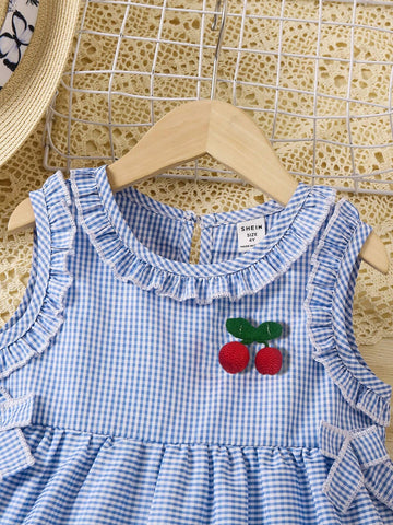 1pc Young Girl Casual Gingham Print Sleeveless Dress With Bowknot, Summer