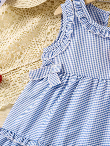 1pc Young Girl Casual Gingham Print Sleeveless Dress With Bowknot, Summer