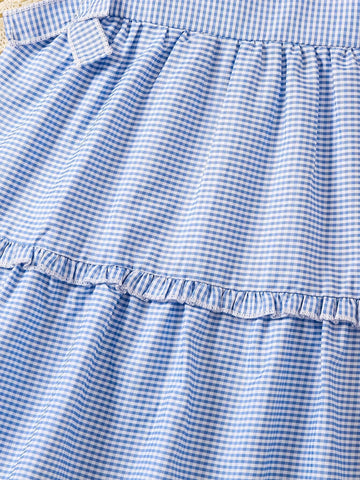 1pc Young Girl Casual Gingham Print Sleeveless Dress With Bowknot, Summer