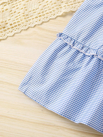 1pc Young Girl Casual Gingham Print Sleeveless Dress With Bowknot, Summer