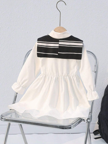 1pc Young Girl Casual Simplified 2 In 1 Black And White Striped Waist Cinched Dress, Suitable For Sunny Sweetheart, Matching Mother-Daughter Sets, Autumn