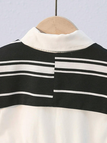 1pc Young Girl Casual Simplified 2 In 1 Black And White Striped Waist Cinched Dress, Suitable For Sunny Sweetheart, Matching Mother-Daughter Sets, Autumn