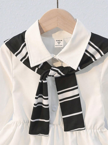 1pc Young Girl Casual Simplified 2 In 1 Black And White Striped Waist Cinched Dress, Suitable For Sunny Sweetheart, Matching Mother-Daughter Sets, Autumn