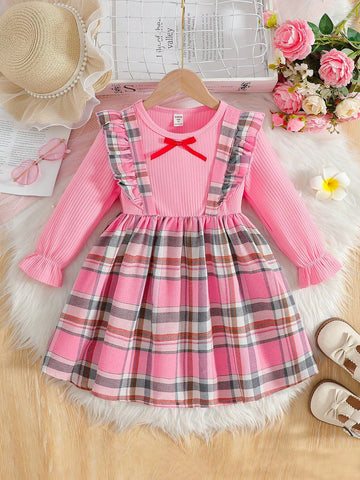 1pc Young Girl Christmas Santa Dress, Red Plaid Patchwork White Shirt 2 In 1 Suspender Dress, Suitable For Christmas Party In Autumn