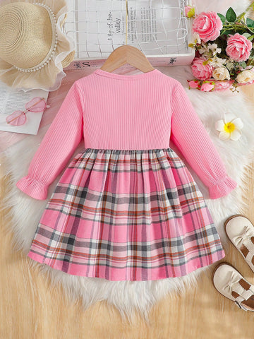 1pc Young Girl Christmas Santa Dress, Red Plaid Patchwork White Shirt 2 In 1 Suspender Dress, Suitable For Christmas Party In Autumn