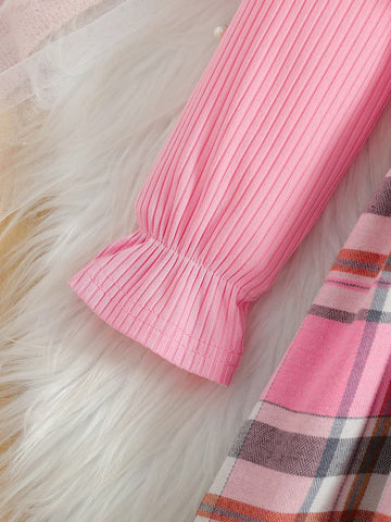 1pc Young Girl Christmas Santa Dress, Red Plaid Patchwork White Shirt 2 In 1 Suspender Dress, Suitable For Christmas Party In Autumn