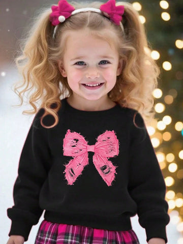1pc Young Girl Cute Butterfly Graphic Distressed Fleece Sweatshirt With Bow, Suitable For Daily, Party, Autumn/Winter