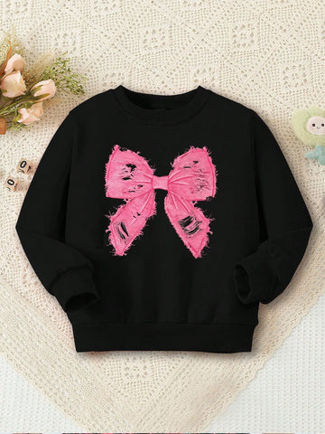 1pc Young Girl Cute Butterfly Graphic Distressed Fleece Sweatshirt With Bow, Suitable For Daily, Party, Autumn/Winter