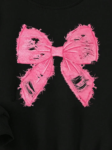 1pc Young Girl Cute Butterfly Graphic Distressed Fleece Sweatshirt With Bow, Suitable For Daily, Party, Autumn/Winter