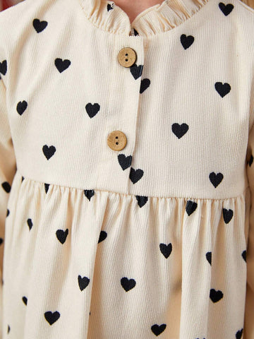 1pc Young Girl Cute Woven Solid Color Heart Patterned Half Buttoned Relaxed Fit Holiday Dress