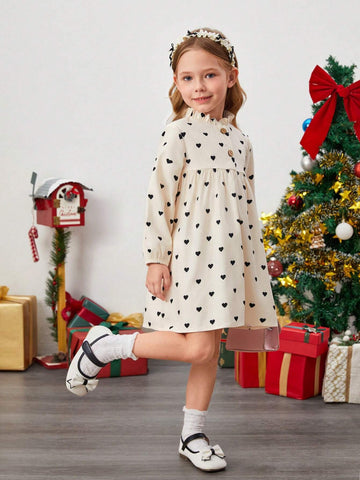 1pc Young Girl Cute Woven Solid Color Heart Patterned Half Buttoned Relaxed Fit Holiday Dress