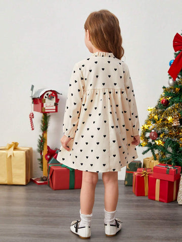 1pc Young Girl Cute Woven Solid Color Heart Patterned Half Buttoned Relaxed Fit Holiday Dress