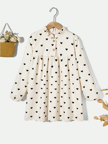 1pc Young Girl Cute Woven Solid Color Heart Patterned Half Buttoned Relaxed Fit Holiday Dress