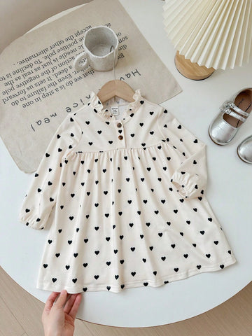 1pc Young Girl Cute Woven Solid Color Heart Patterned Half Buttoned Relaxed Fit Holiday Dress