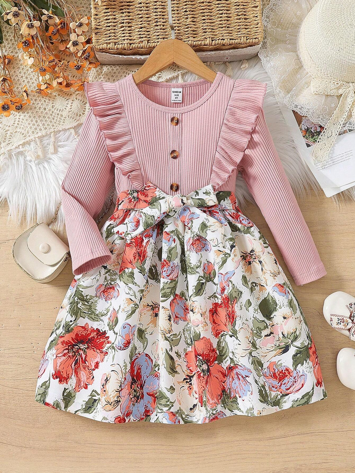 1pc Young Girl' Printed Long Sleeve A-Line Dress With Ribbed Waist