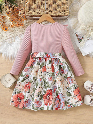 1pc Young Girl' Printed Long Sleeve A-Line Dress With Ribbed Waist