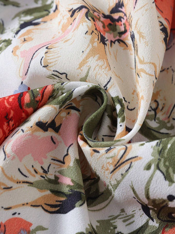 1pc Young Girl' Printed Long Sleeve A-Line Dress With Ribbed Waist