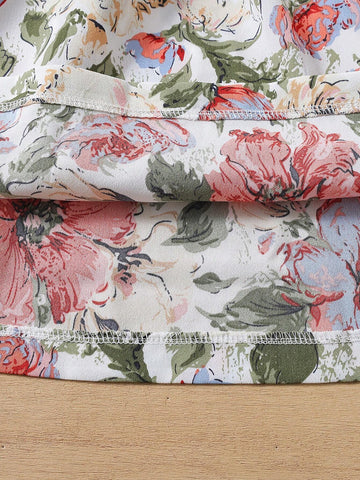 1pc Young Girl' Printed Long Sleeve A-Line Dress With Ribbed Waist