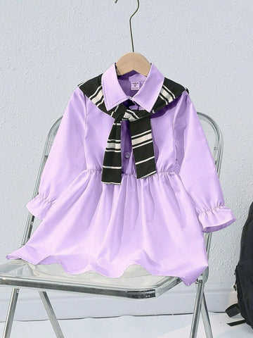 1pc Young Girls Casual Simple 2 In 1 Striped Waisted Dress, Suitable For Sunny Sweet Girls, Can Match With Mother-Daughter Sets, Autumn