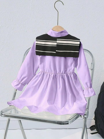 1pc Young Girls Casual Simple 2 In 1 Striped Waisted Dress, Suitable For Sunny Sweet Girls, Can Match With Mother-Daughter Sets, Autumn